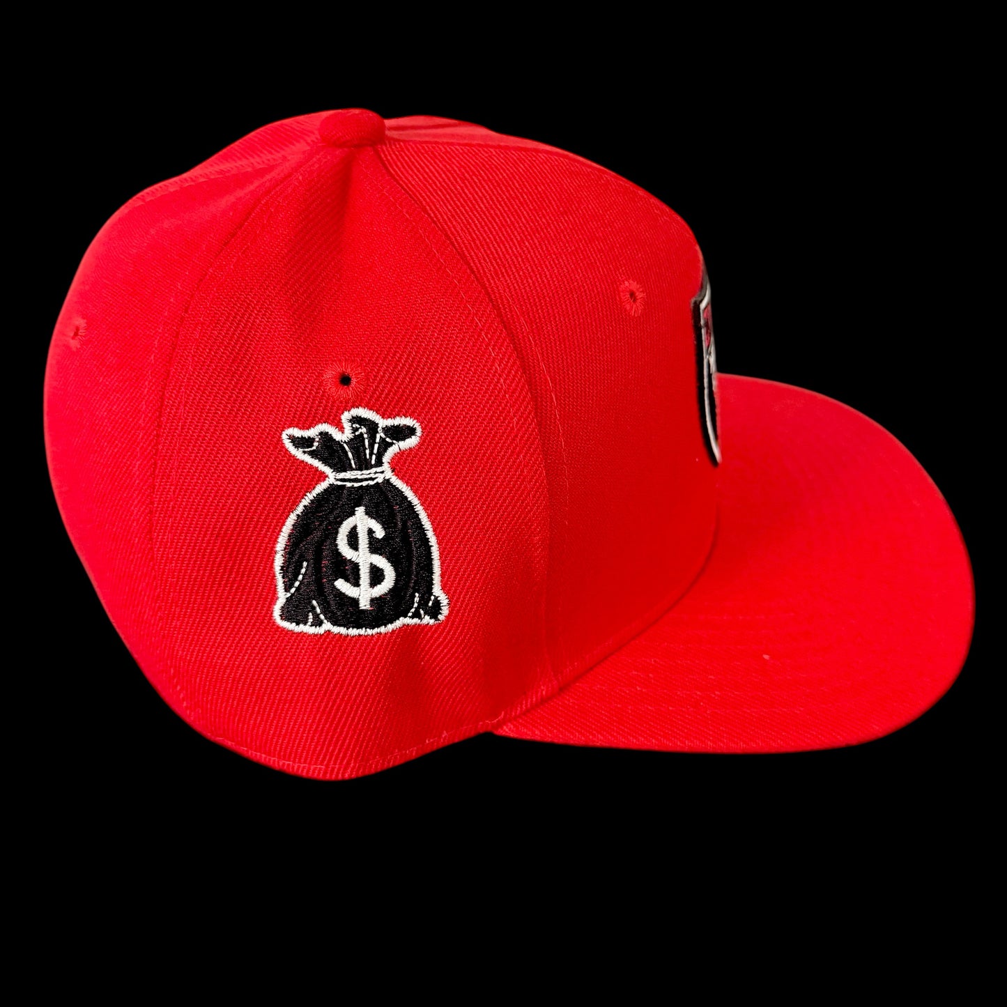 MILLIONAIRE MENTALITY BLACK & RED SNAP BACK BASEBALL HAT (MONEY BAG EDITION)