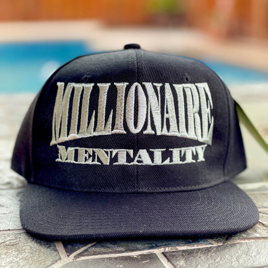 Millionaire Mentality Silver Metallic Snapback Black Baseball Hat