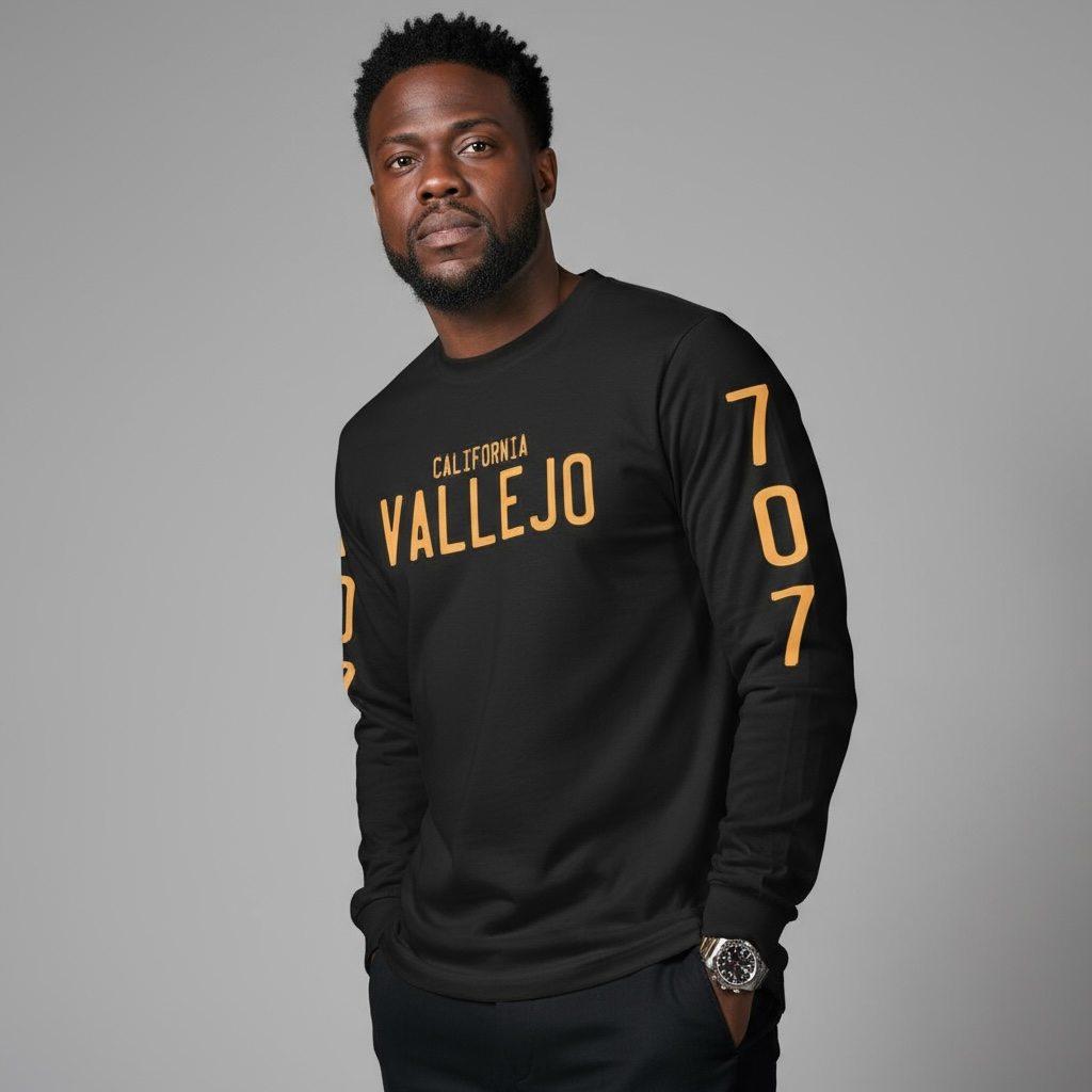 Vallejo California 707 License Plate Long Sleeve Black & Gold T-Shirt (Limited Edition)