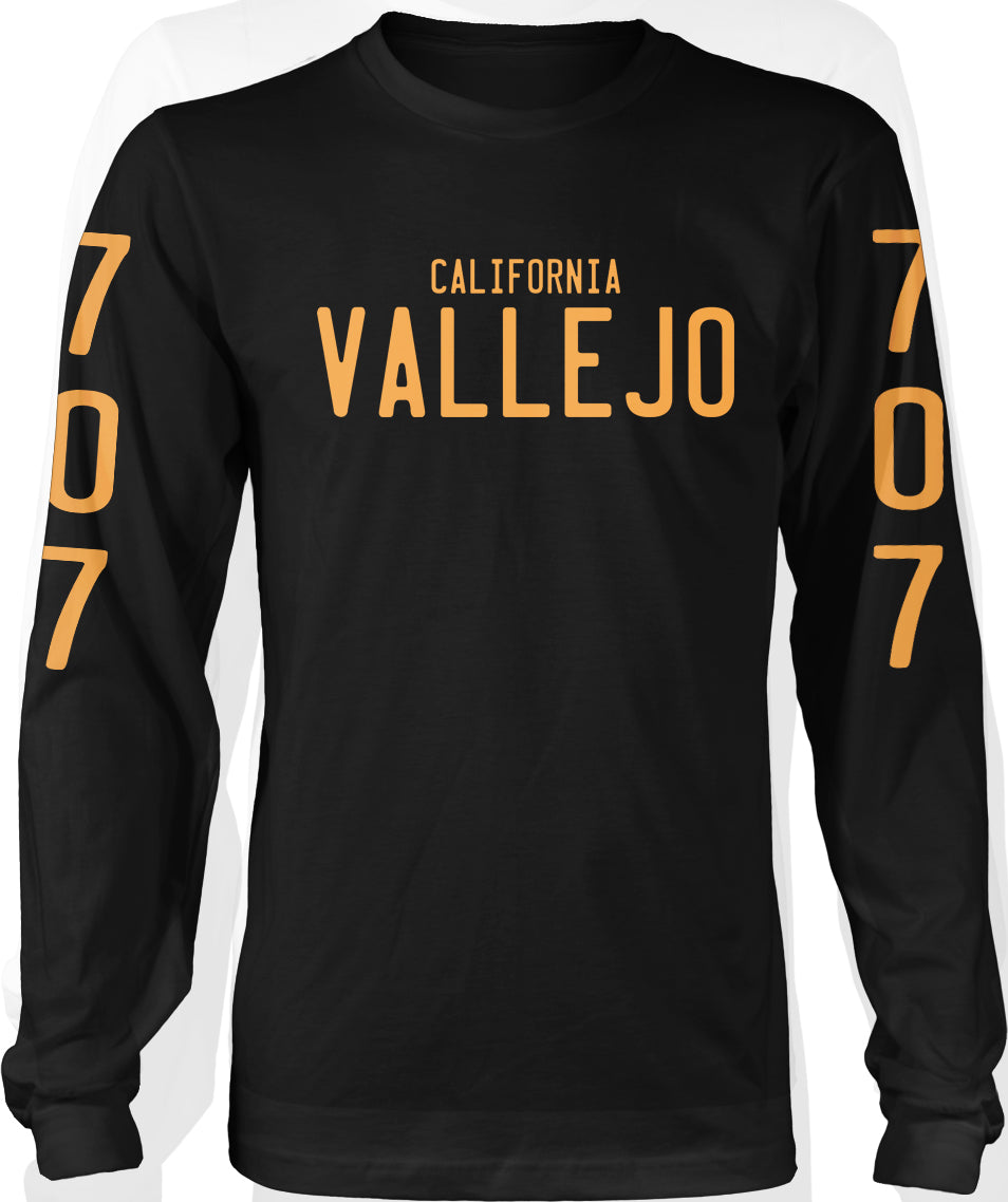 Vallejo California 707 License Plate Long Sleeve Black & Gold T-Shirt (Limited Edition)