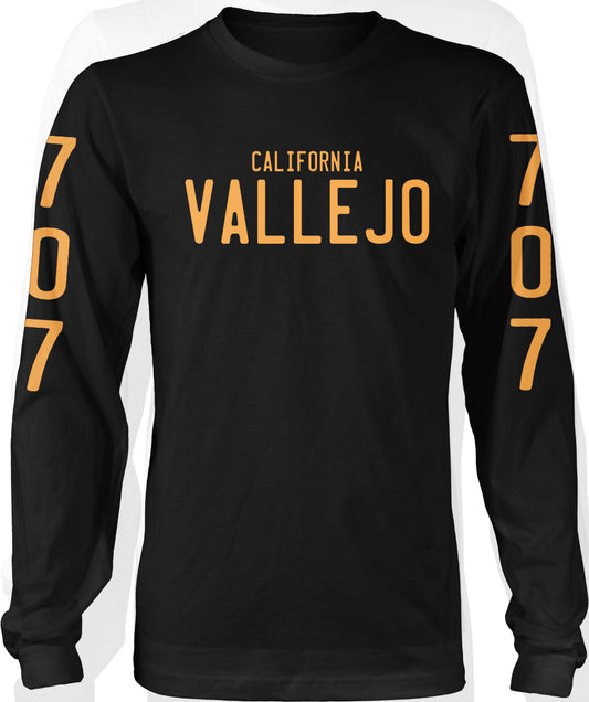 Vallejo California 707 License Plate Long Sleeve Black & Gold T-Shirt (Limited Edition)