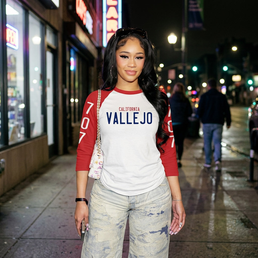 Vallejo California 707 License Plate - Red & White Raglan T-Shirt