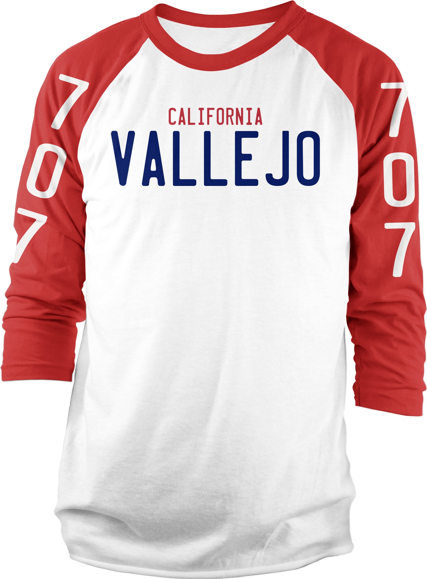 Vallejo California 707 License Plate - Red & White Raglan T-Shirt